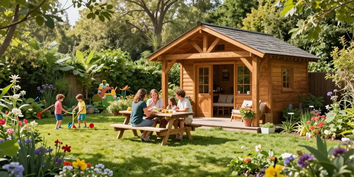Gemütliches Gartenhaus Holz in einem einladenden Garten mit blühenden Blumen und einer Familie beim Picknick.
