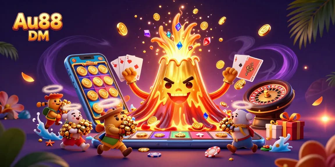 Experience the thrill of Au88 DM with a captivating casino adventure featuring a golden volcano and treasure.