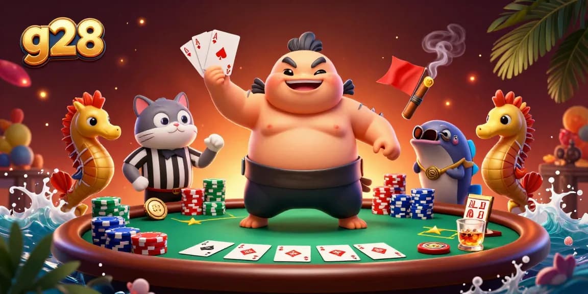 Experience the thrill of g28 with an underwater poker scene featuring dynamic cartoon characters.