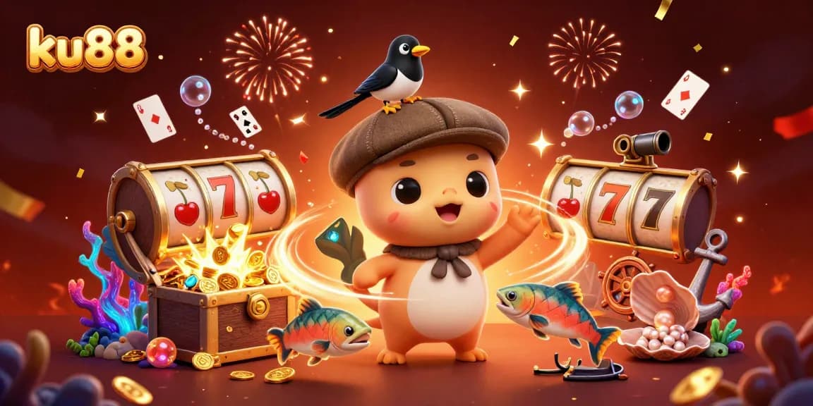 Spin the reels for excitement in this lively ku88 casino illustration filled with vibrant characters.