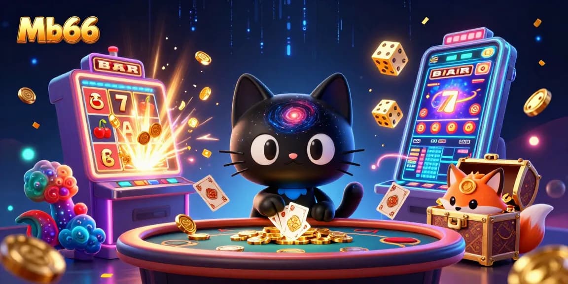 Engage with Mb66's cosmic gaming experience, featuring a playful black hole cat and a nebula fox amidst a jackpot explosion.