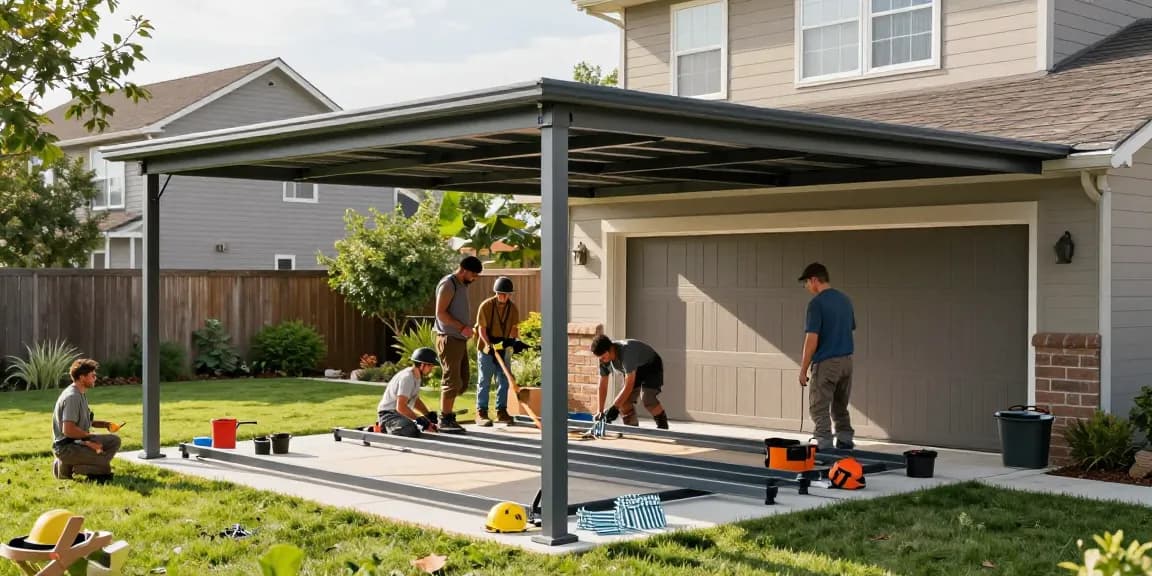 Carport-Installation im Garten mit Handwerkern und Werkzeugen im Einsatz