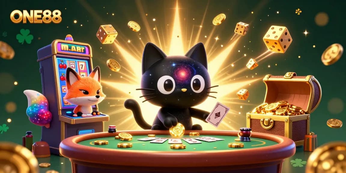 Engage in exciting gameplay with ONE88, featuring vibrant characters and casino elements in a dynamic 3D scene.