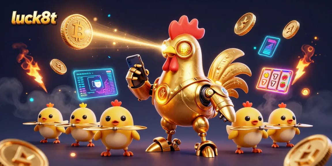 Engage in luck8t gameplay with a cartoon golden rooster robot amid vibrant casino elements.