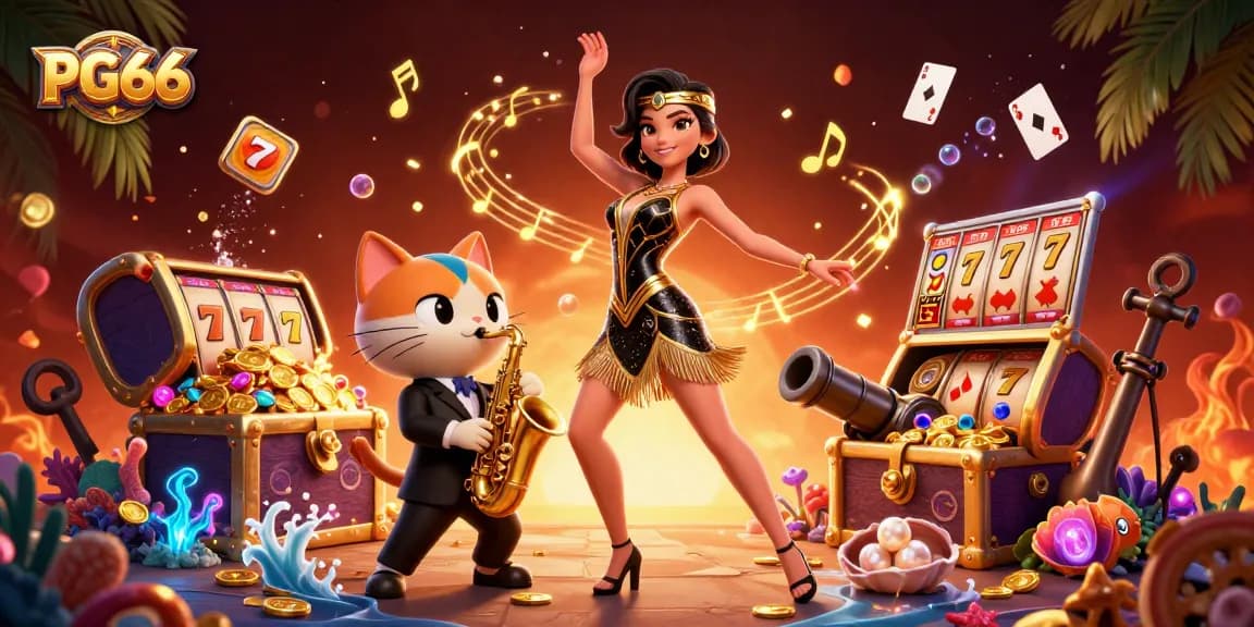 Engage with thrilling PG66 slot adventures featuring stunning characters amidst vibrant treasures and confetti.