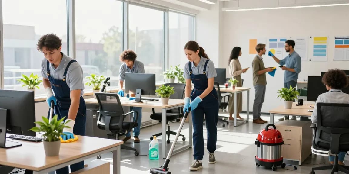 Professionelle Gebäudereinigung Düsseldorf mit geschulten Reinigungskräften in einem modernen Büro.