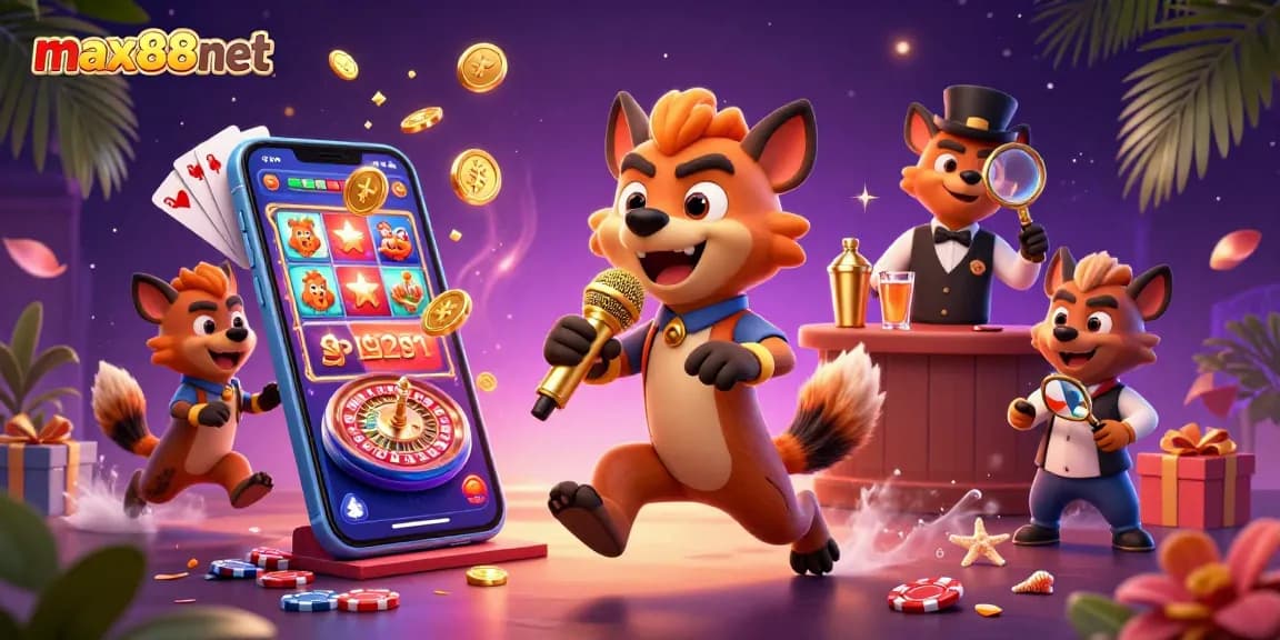 Experience max88net's comedy casino club with hyena entertainers mixing drinks and telling jokes.