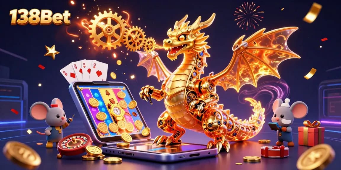 Experience the excitement of 138Bet with this dynamic 3D casino scene featuring a golden dragon, slot games, and festive elements.