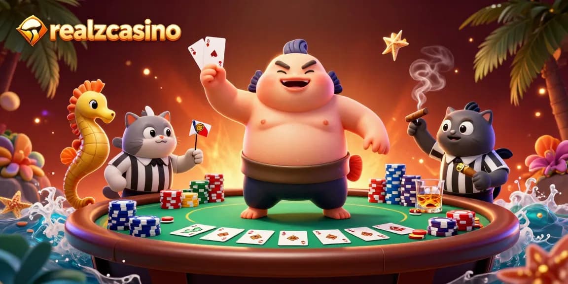 Erleben Sie spannende Spiele im realzcasino mit einem animierten Blowfish, der um den Poker-Tisch kämpft.