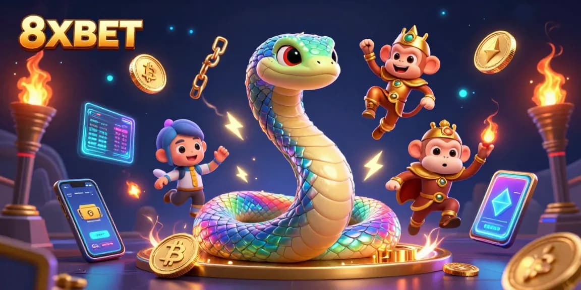 Engage with vibrant gaming action at 8XBET, featuring an animated rainbow serpent, golden monkey king, and cryptocurrency coins.