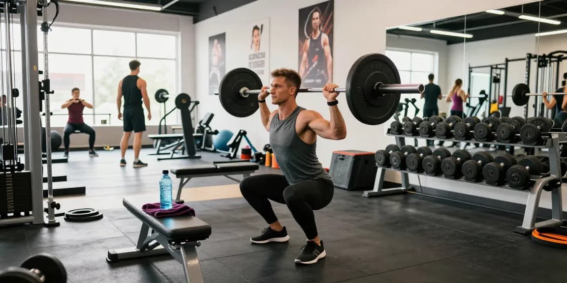 Körperbuilder im Anabolika Shop Deutschland, der in einem hellen Fitnessstudio Kniebeugen macht, umgeben von Fitnessgeräten und motivierenden Postern.