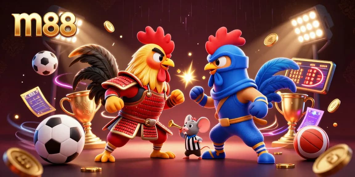 Experience thrilling action with m88 as fighting roosters clash in a vibrant casino scene full of energy and excitement.