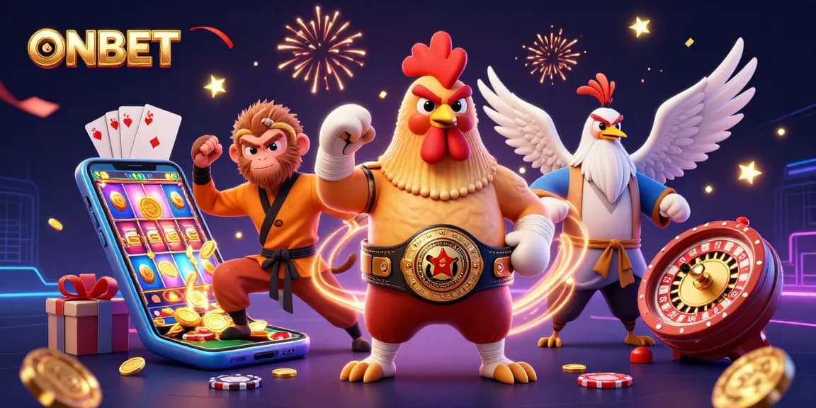 Engage with ONBET's vibrant scenes for thrilling casino experiences featuring festive characters and games.