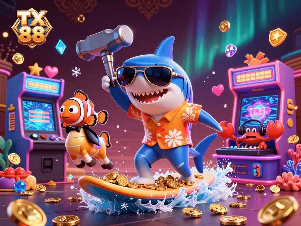 Experience thrilling gaming at TX 88 with a fun, vibrant 3D casino illustration.