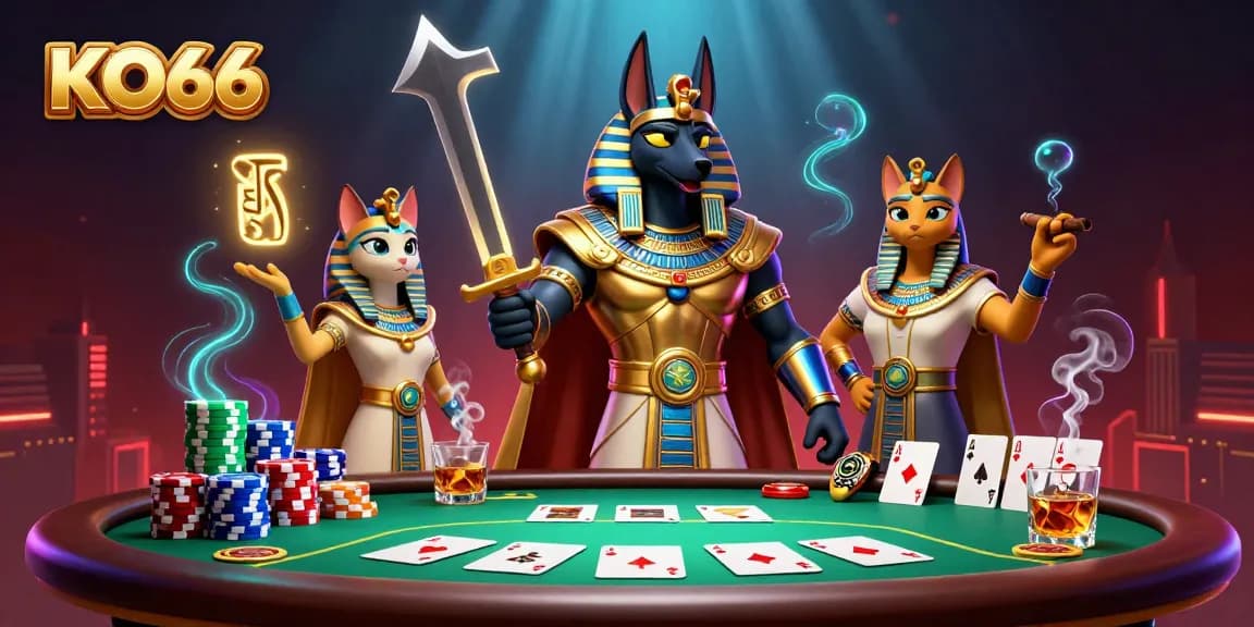 Engage with KO66 casino offerings featuring Anubis and Bastet in a vibrant poker scene.