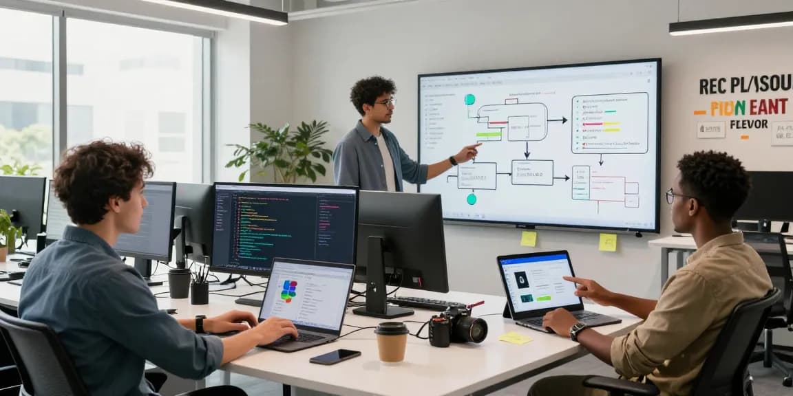 Team collaborating to build internal tools with AI in a modern tech workspace