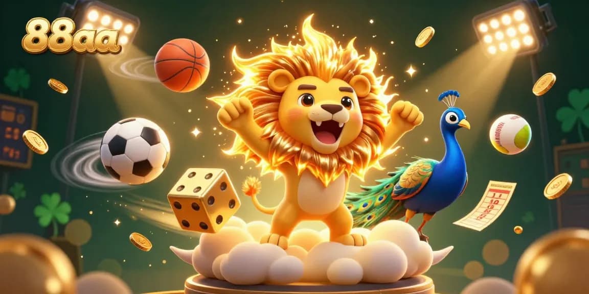 Engage with 88aa in this vibrant 3D scene featuring casino elements, sports balls, and exciting visuals.
