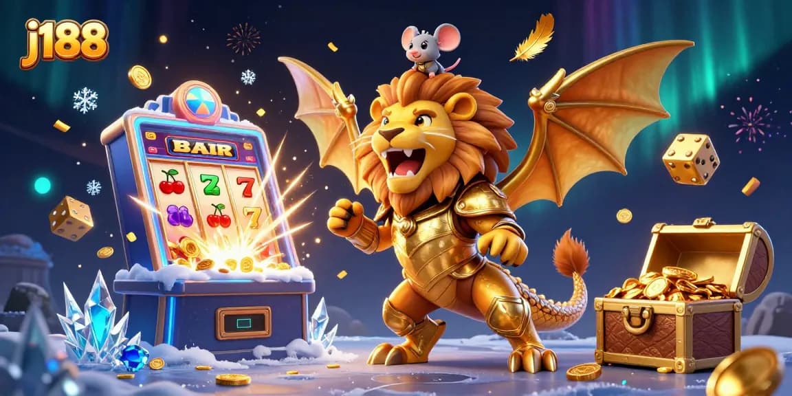 j188 showcases a dynamic scene of a chimera and mouse jockey amid casino games and jackpot excitement.