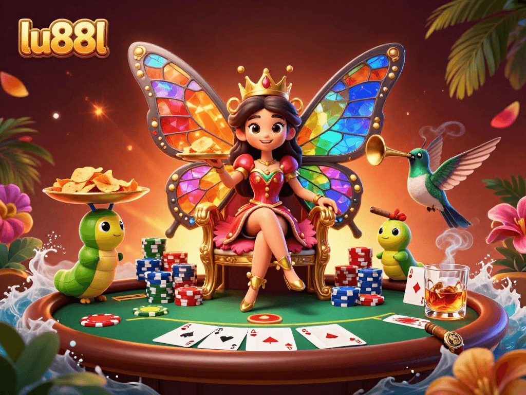 Engage in thrilling poker at lu88l with a vibrant casino scene featuring a butterfly queen and poker elements.