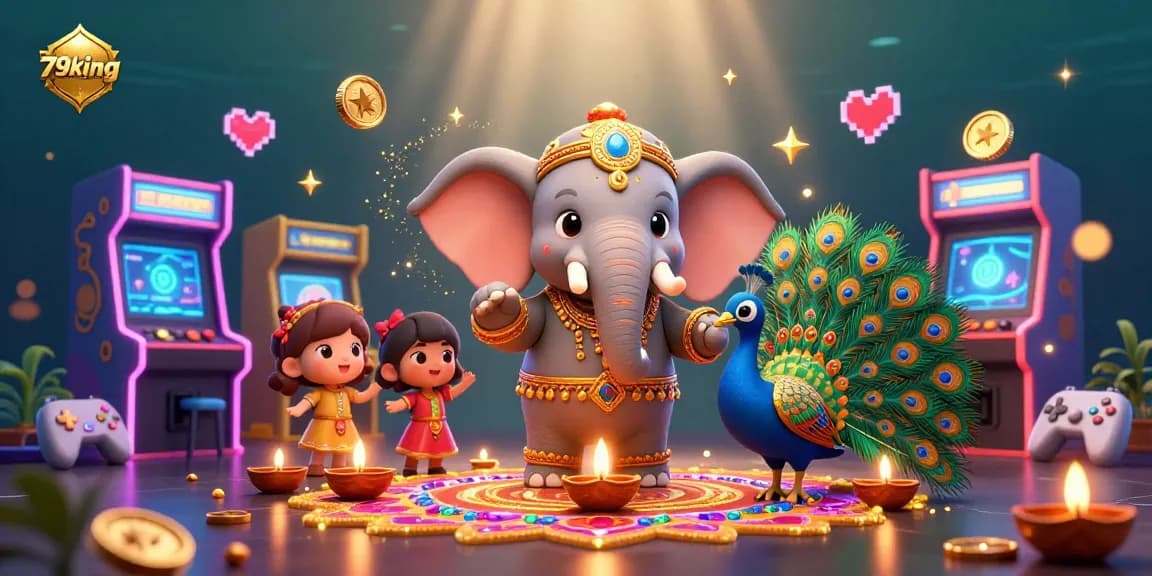Engage in thrilling gameplay with 79king, showcasing vibrant gaming elements in a dynamic Diwali-themed scene.