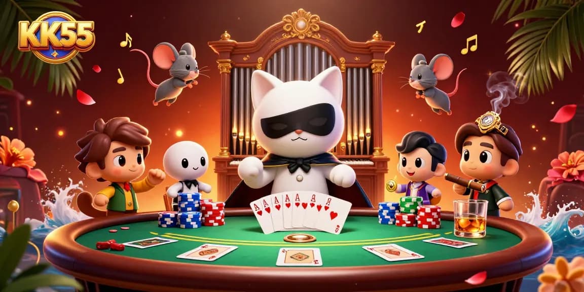 Experience thrilling moments with KK55 at the poker table, surrounded by vibrant casino elements.