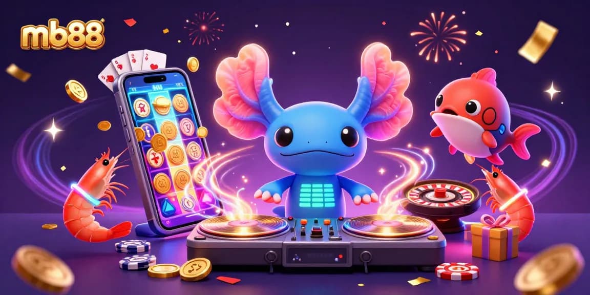 Engaging in thrilling gameplay with mb88 slot game on a 3D smartphone, surrounded by lively casino characters.