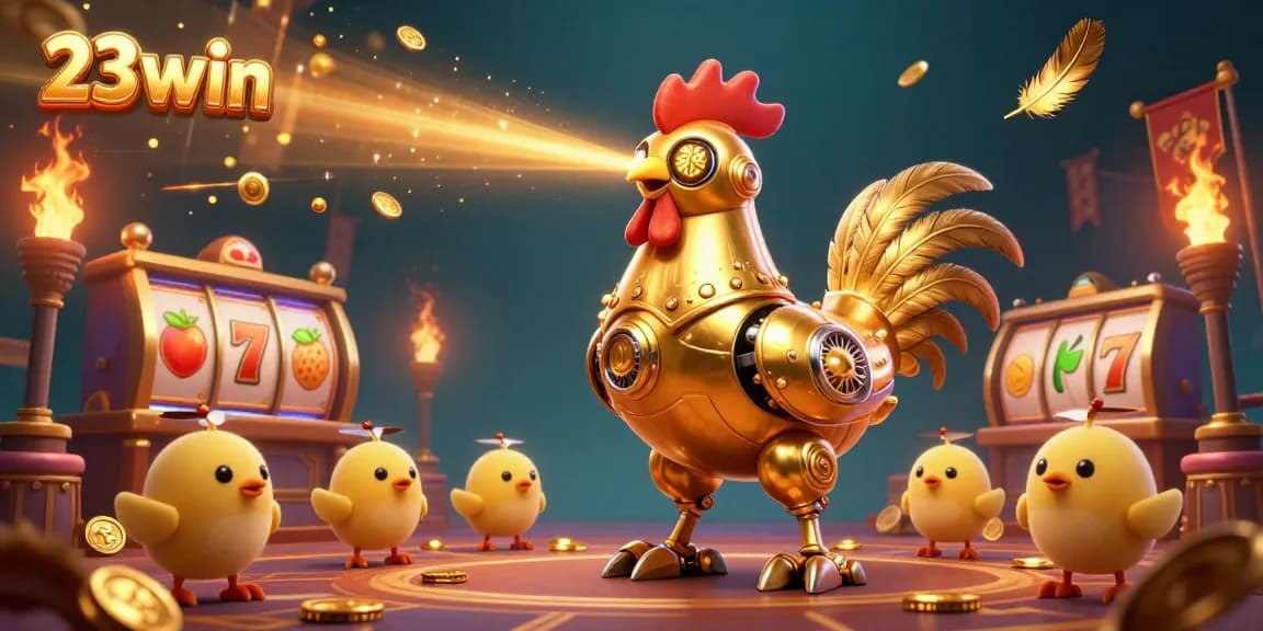Engage with 23win's vibrant casino scene featuring a golden rooster robot and cheerful baby chick drones amidst spinning slot reels and golden coins.