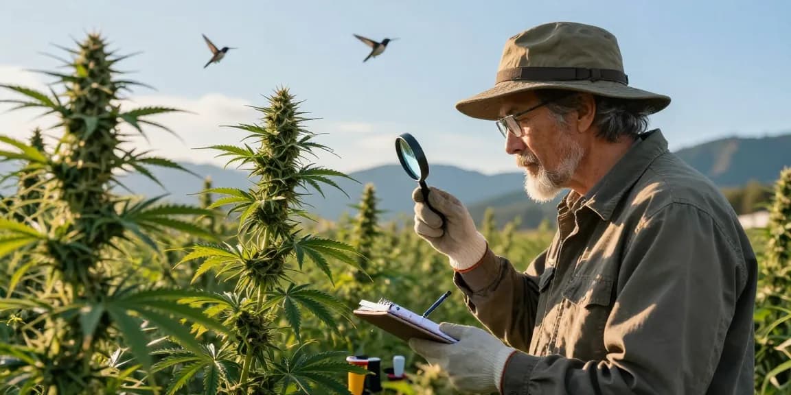 Professioneller Botaniker beim Cannabis kaufen und analysieren von Pflanzen in der Natur.