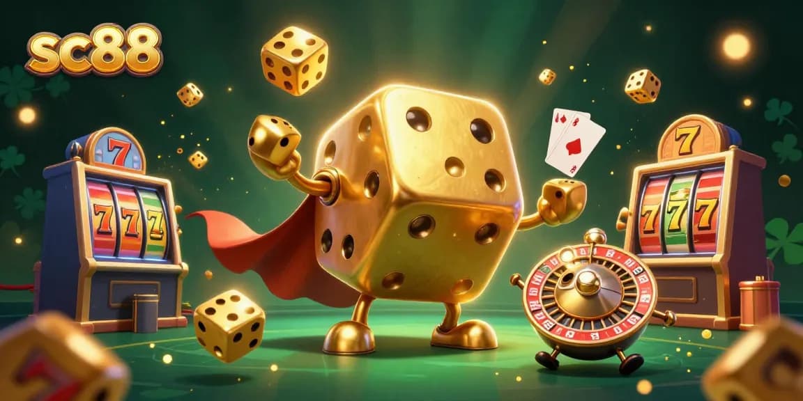 Experience thrilling wins with sc88's vibrant casino scene showcasing golden dice and high-stakes game elements.