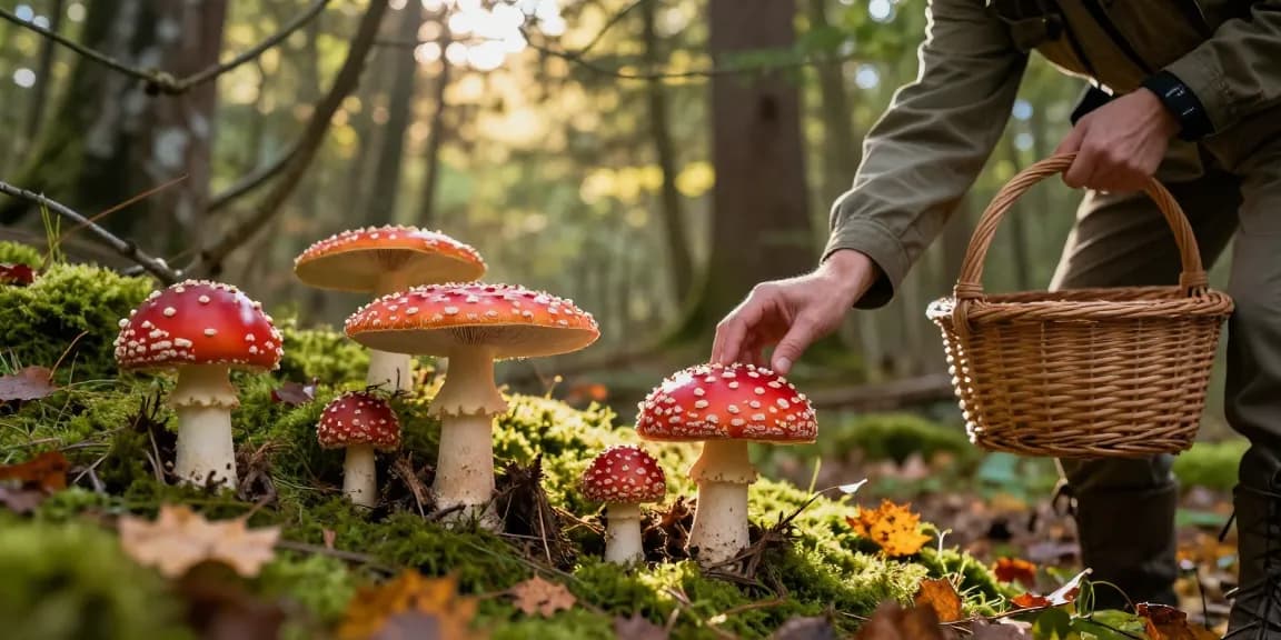 Amanita muscaria kaufen in einem üppigen Wald mit lebhaften Pilzen, einem engagierten Sammler und einer bezaubernden natürlichen Atmosphäre.