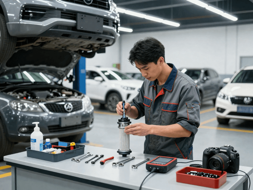 Mechaniker beim DPF reinigen in modernem Werkstatt, professionelle Automobilpflege.