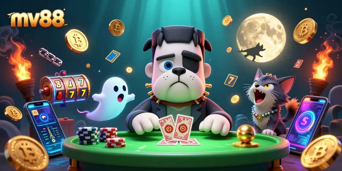 Experience thrills at mv88's haunted casino with vibrant characters like a Frankenstein bulldog and ghostly elements.