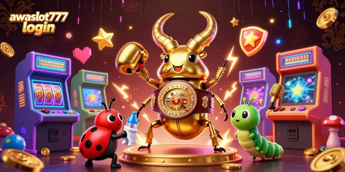 Engage with awslot777 login as the giant stag beetle battles in this vibrant 3D casino scene.