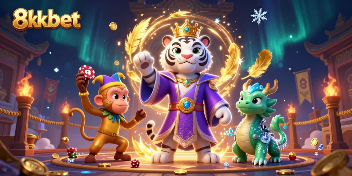 Experience dynamic gaming action with 8xbet, featuring vibrant 3D characters and gambling elements.
