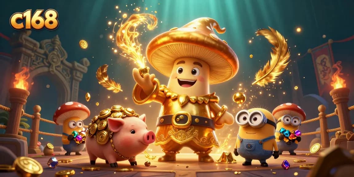 Experience thrilling gameplay at c168 with a magical wizard and treasure hunting pig surrounded by casino excitement.