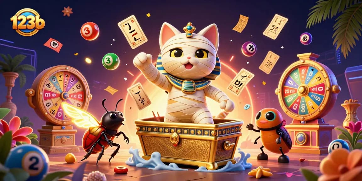 Engage with 123b's vibrant 3D depiction of a mummy cat casino adventure amidst golden winnings.