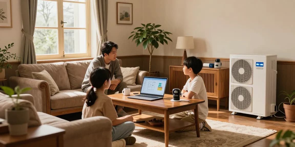 This family discusses benefits of installing a wärmepumpe im altbau in their cozy vintage living room.
