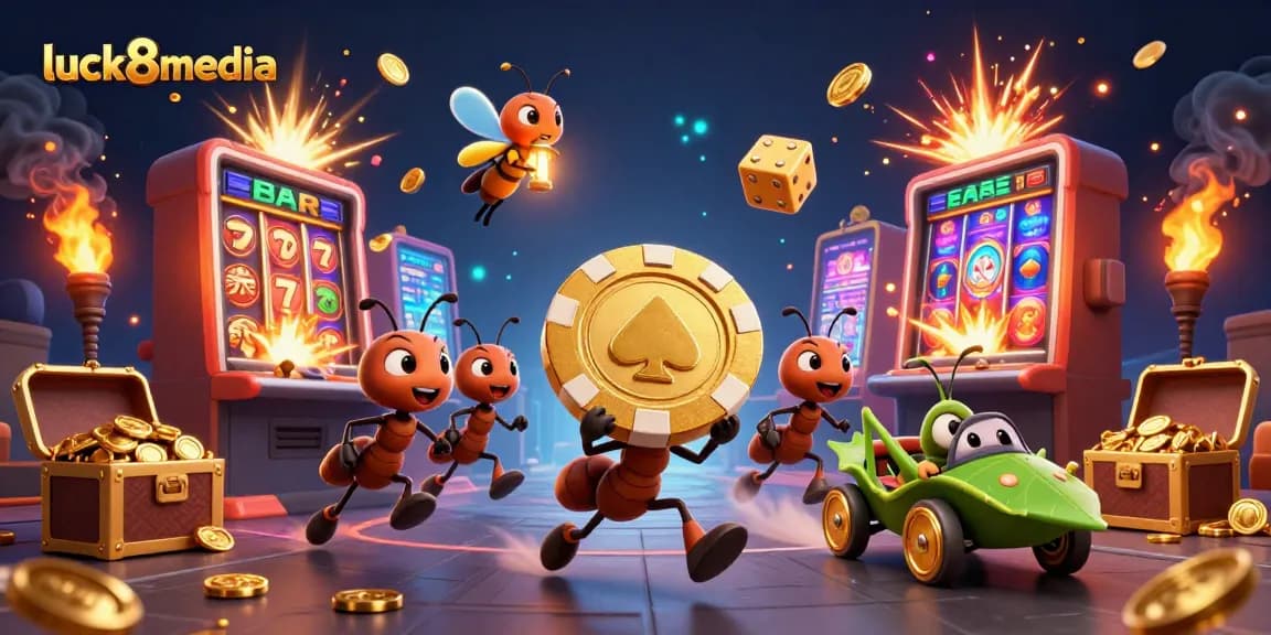 Experience excitement with luck8media as ants pull a golden poker chip heist in a thrilling casino-themed scene.