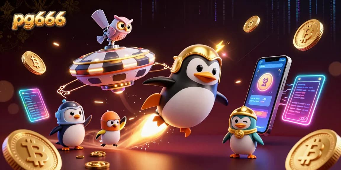 Experience the thrill of pg666 with a golden penguin racing towards a vibrant neon casino.