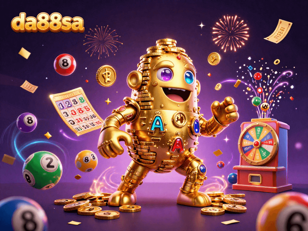 Experience thrilling moments at da88sa with vibrant lottery elements and a golden golem.