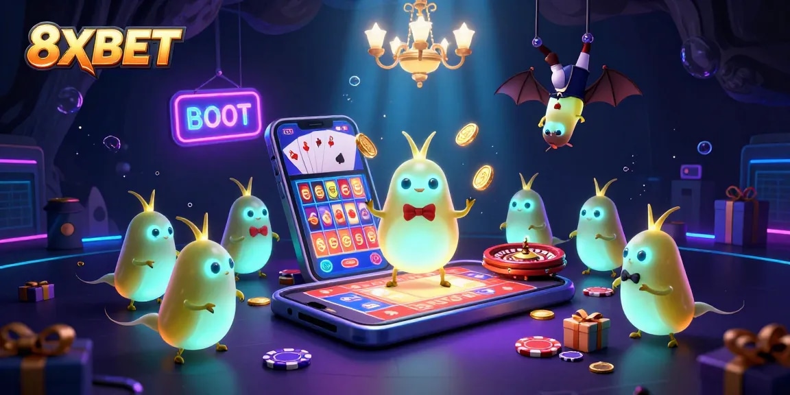 Illuminate your gameplay with 8XBET glowworms lighting up a vibrant cave casino scene.