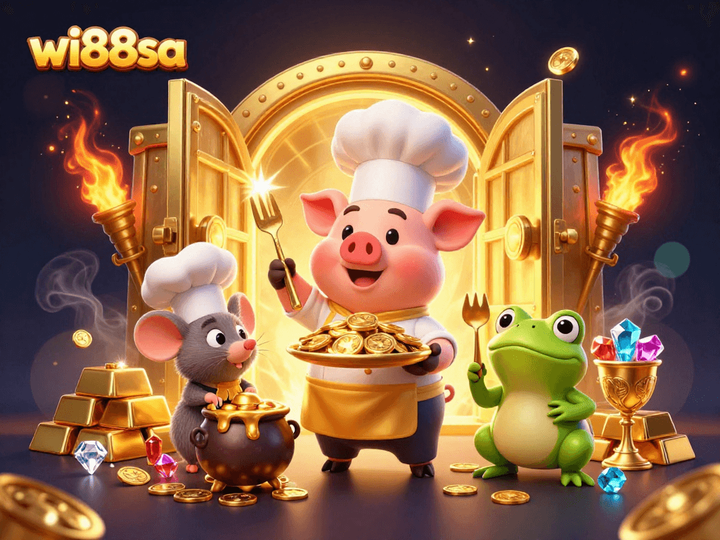 Engage in thrilling wins at wi88sa with an exciting illustration of a chef pig serving gold coins.