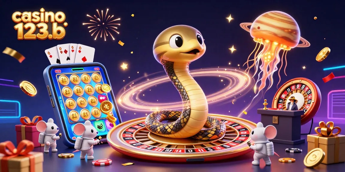 Place bets with adorable astronauts at casino 123b, surrounded by vibrant celebratory elements.