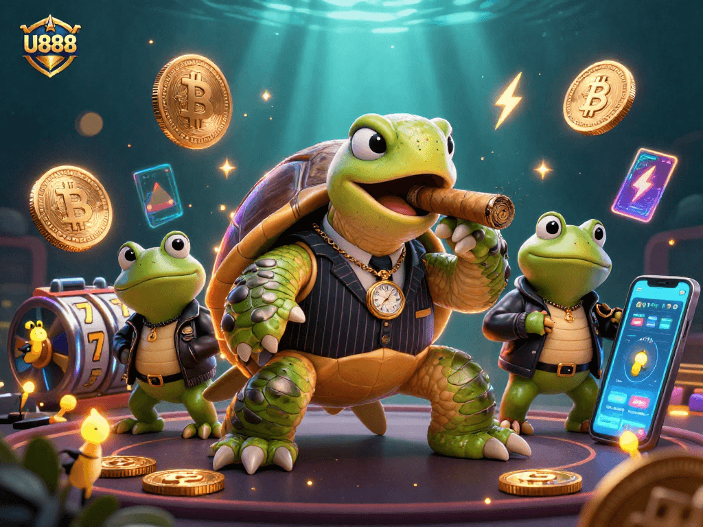 Experience U888's dynamic casino world with a 3D turtle mobster and crypto coins promoting gambling.