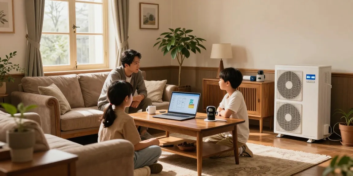 This family discusses benefits of installing a wärmepumpe im altbau in their cozy vintage living room.