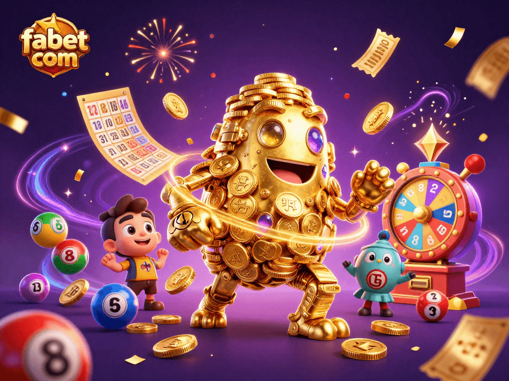 Experience the excitement of fabet com with a dynamic scene featuring a golden golem and colorful lottery elements.