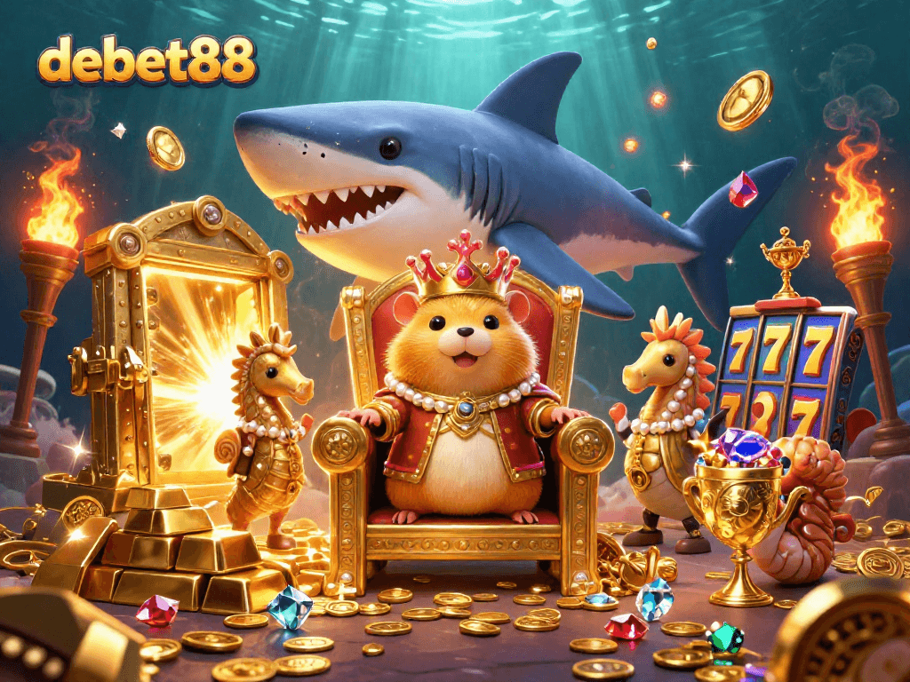 Experience the excitement of debet88 with a treasure-themed 3D casino illustration featuring a mini hamster king and vibrant slot elements.