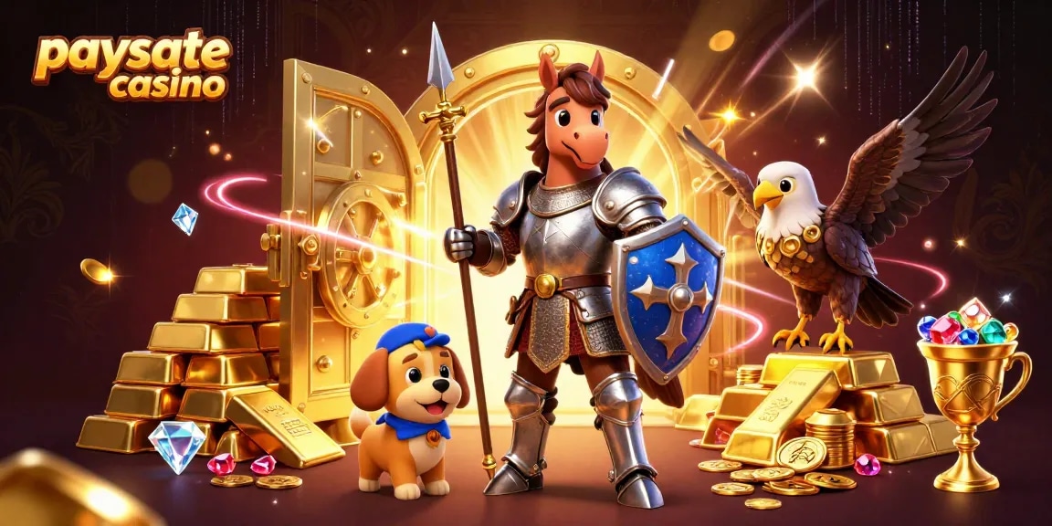 Szenario eines Paysafe Card Casinos mit einem Ritter, einem Page-Hund und einem Falken, umgeben von goldenen Schätzen.