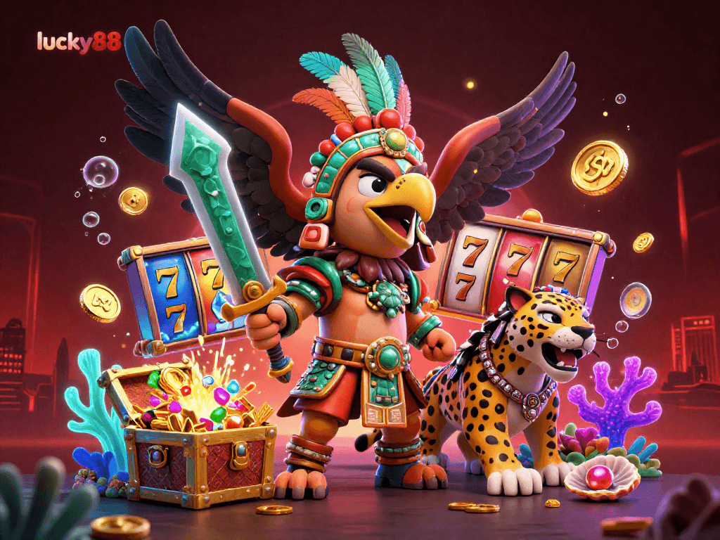 Spin and win big with lucky88, featuring vibrant slots and immersive gameplay in a thrilling 3D scene.