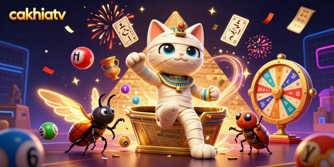 CakhiaTV captivates viewers with dynamic lottery elements and a vibrant casino scene featuring a mummy cat and scarab beetle.
